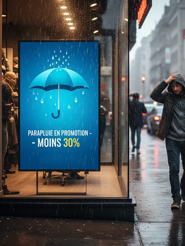 Interface montrant une liste de trois écrans nommés Centre, Droite, et Gauche avec leurs licences, programme national actif, statut de diffusion et état connecté ou hors-ligne.