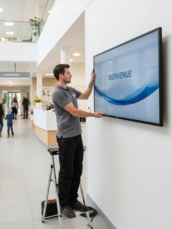 Interface montrant une liste de trois écrans nommés Centre, Droite, et Gauche avec leurs licences, programme national actif, statut de diffusion et état connecté ou hors-ligne.