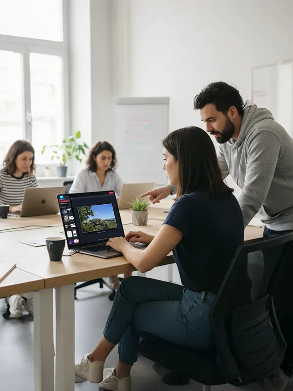 Interface montrant une liste de trois écrans nommés Centre, Droite, et Gauche avec leurs licences, programme national actif, statut de diffusion et état connecté ou hors-ligne.