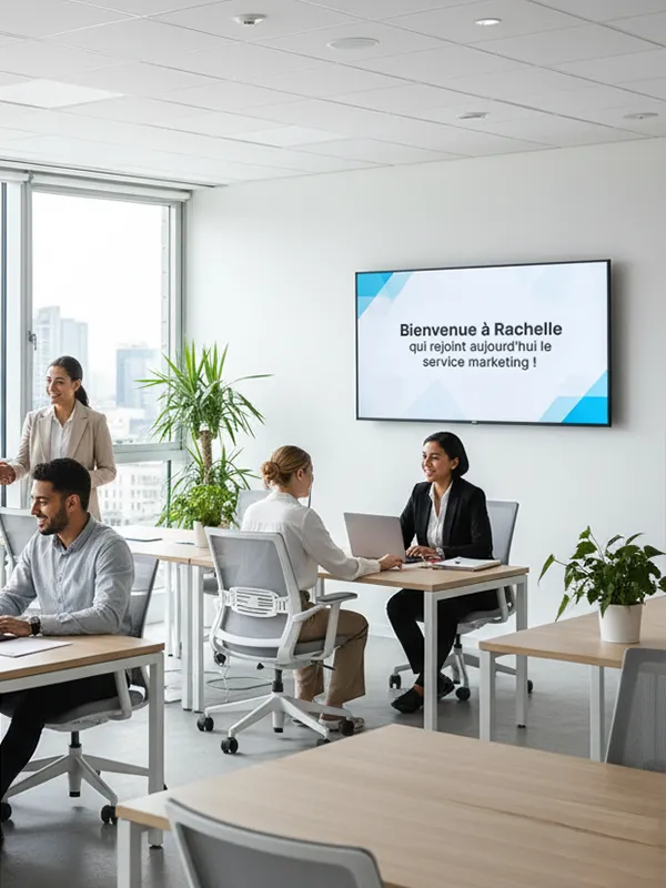 Interface montrant une liste de trois écrans nommés Centre, Droite, et Gauche avec leurs licences, programme national actif, statut de diffusion et état connecté ou hors-ligne.