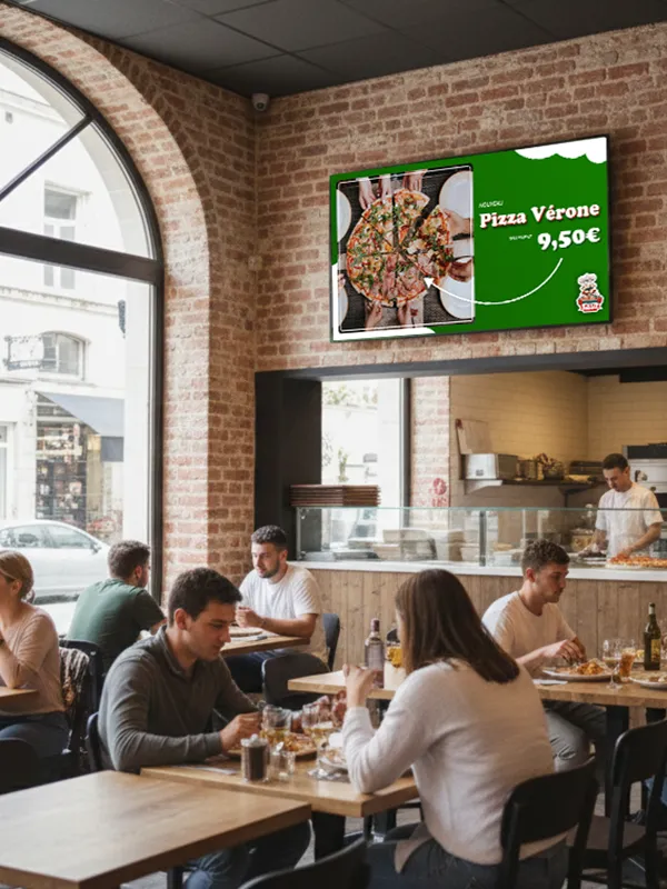 Interface montrant une liste de trois écrans nommés Centre, Droite, et Gauche avec leurs licences, programme national actif, statut de diffusion et état connecté ou hors-ligne.