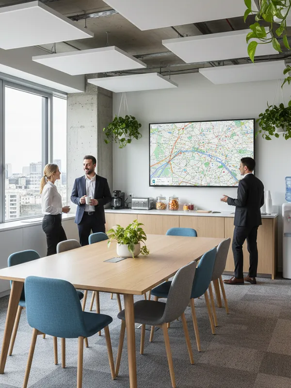 Interface montrant une liste de trois écrans nommés Centre, Droite, et Gauche avec leurs licences, programme national actif, statut de diffusion et état connecté ou hors-ligne.