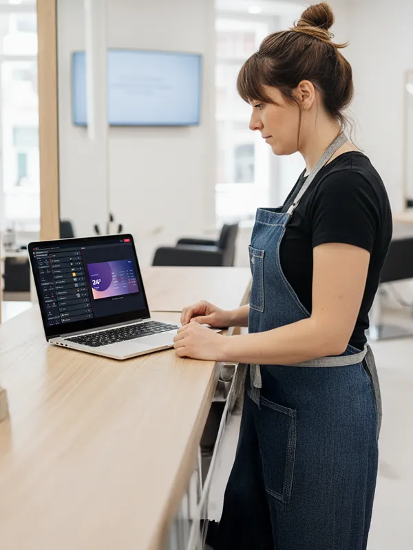 Interface montrant une liste de trois écrans nommés Centre, Droite, et Gauche avec leurs licences, programme national actif, statut de diffusion et état connecté ou hors-ligne.