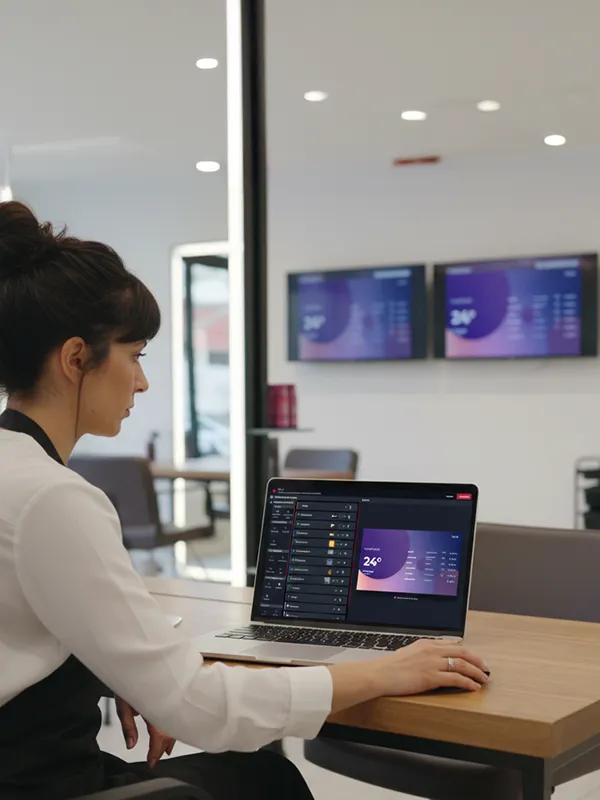 Interface montrant une liste de trois écrans nommés Centre, Droite, et Gauche avec leurs licences, programme national actif, statut de diffusion et état connecté ou hors-ligne.