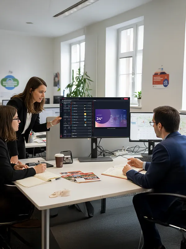 Interface montrant une liste de trois écrans nommés Centre, Droite, et Gauche avec leurs licences, programme national actif, statut de diffusion et état connecté ou hors-ligne.