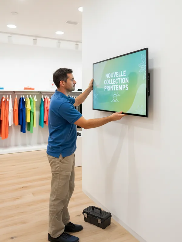 Interface montrant une liste de trois écrans nommés Centre, Droite, et Gauche avec leurs licences, programme national actif, statut de diffusion et état connecté ou hors-ligne.