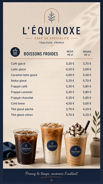 Menu des boissons froides de L'Équinoxe à Toulouse avec prix pour petites (45 cl) et grandes (60 cl) portions et trois boissons glacées illustrées.