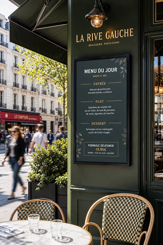 Menu du jour affiché sur un panneau vert foncé d'une brasserie parisienne intitulée La Rive Gauche, avec une table ronde et deux chaises en rotin au premier plan.