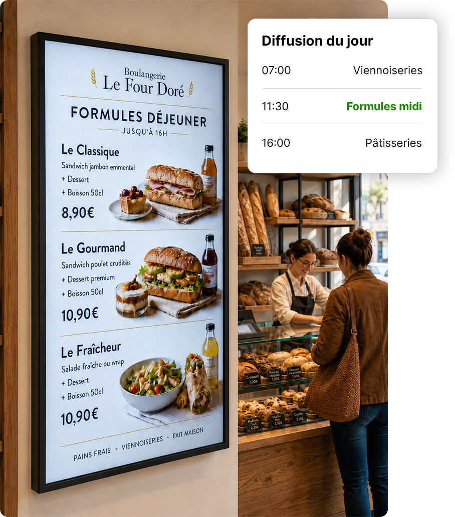 Menu lumineux d'une boulangerie proposant trois formules déjeuner avec sandwichs, desserts et boissons 50cl.