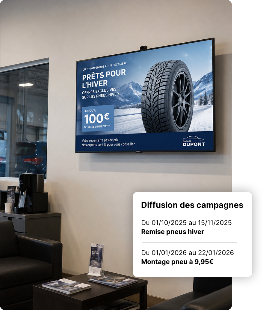 Écran dans un garage affichant une promotion pneus hiver avec une remise jusqu'à 100 euros.