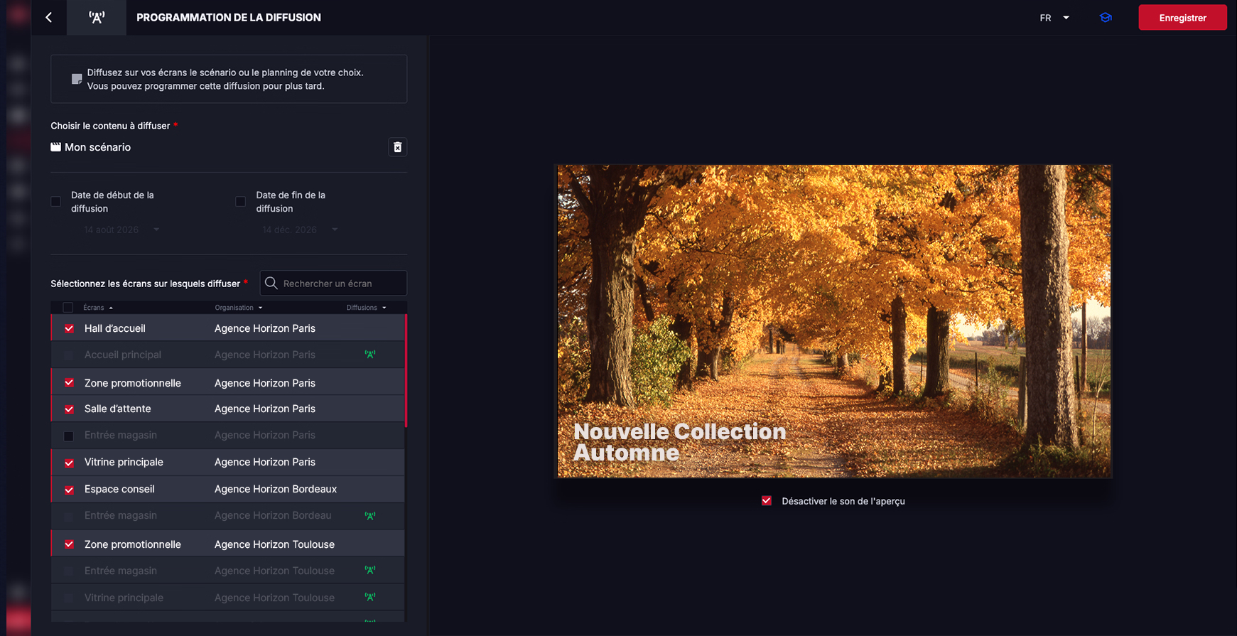 Interface ADS — programmation d'une diffusion sur des écrans répartis sur plusieurs sites (Agence Horizon Paris, Bordeaux, Toulouse)