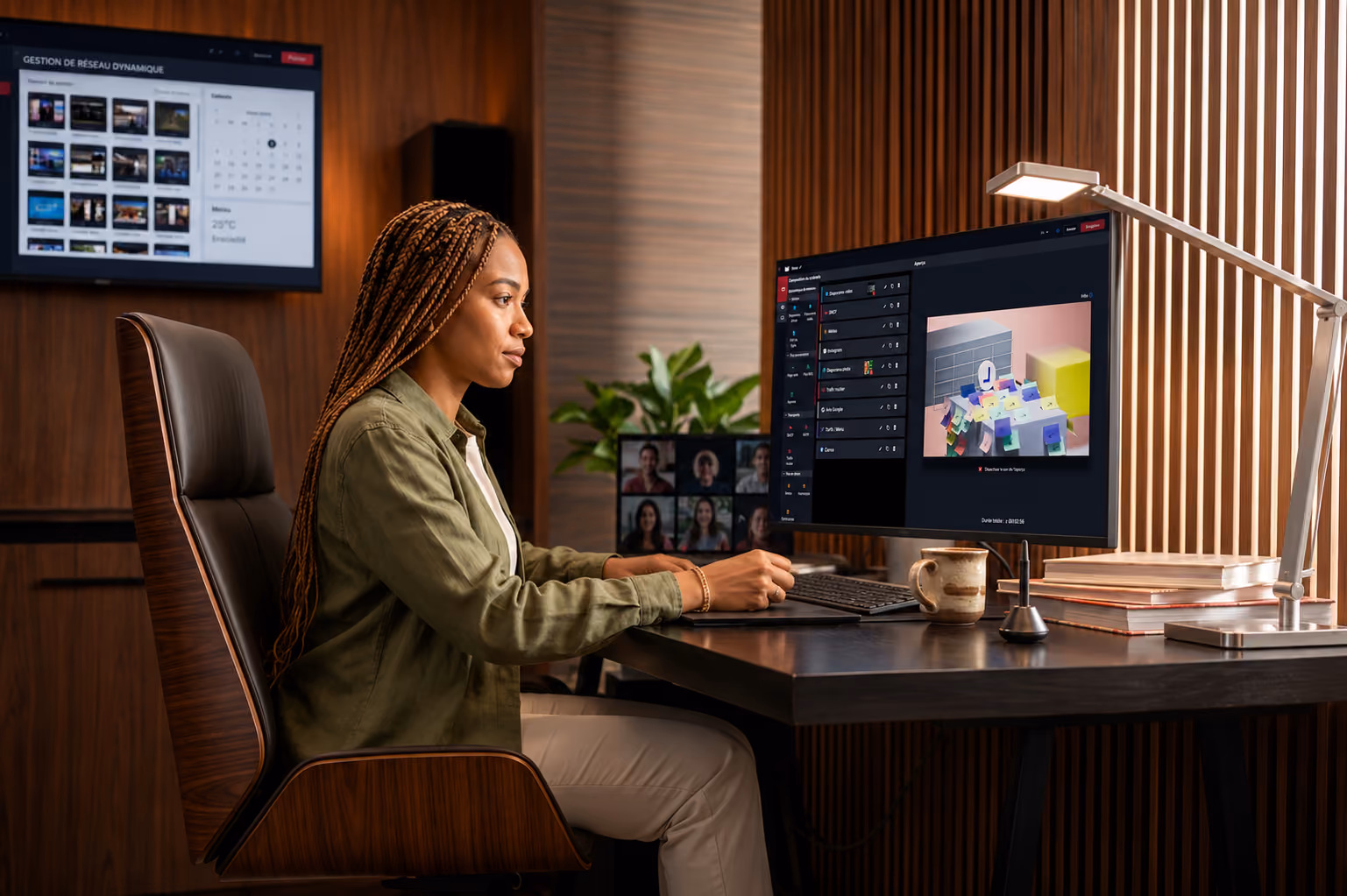 Une femme assise à un bureau moderne, travaillant sur un ordinateur avec un grand écran affichant une interface de gestion de projet, dans une pièce avec des murs en bois et une plante verte en arrière-plan.