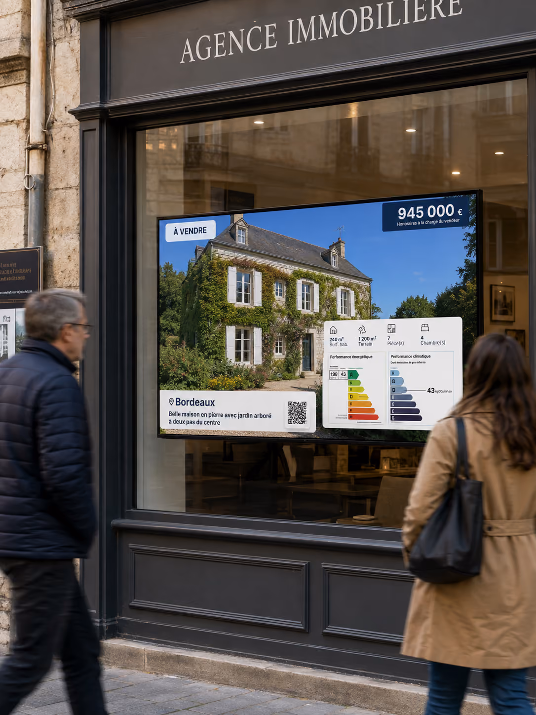 Écran haute luminosité installé en vitrine d'un commerce, visible depuis le trottoir