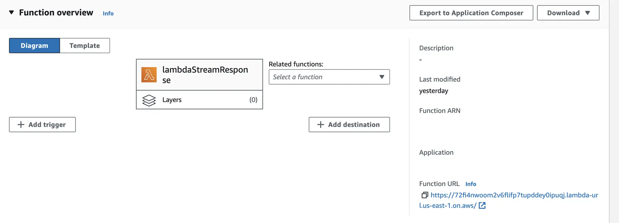 Function overview page showing the run diagram.