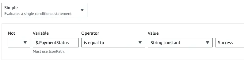 Image that shows configuration of the condition to check if the payment status in the input is equal “Success”