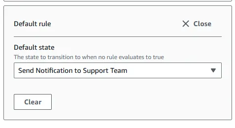 Image that shows the configuration of the step function “default” state in the “choice” state. The “Default state” is chosen as “Send Notification to Support Team”