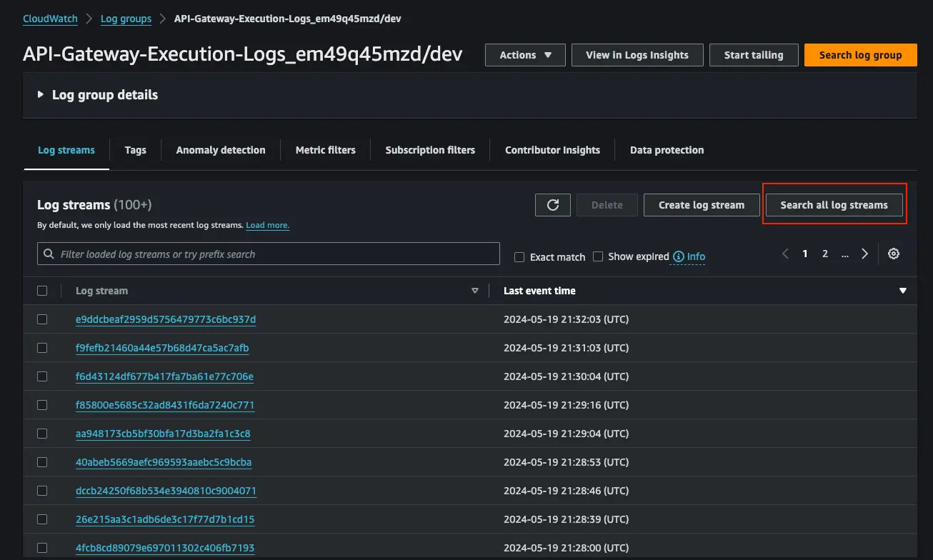 a snippet from CloudWatch logs showing all log streams in the cloudwatch log group for amazon api gateway access logs