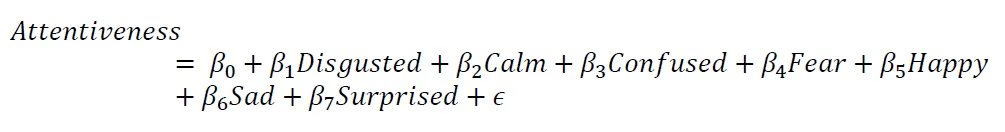 Image that shows the formula for calculating attention level based on 7 emotions. Each emotion gets multiplied by a “beta” coefficient and the last factor is summing an error coefficient