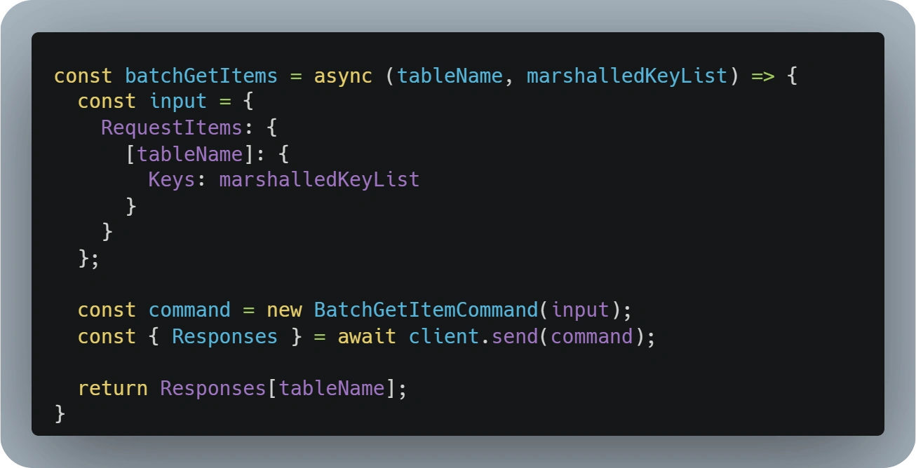 Sample function showcasing the implementation of the DynamoDB BatchGetItemCommand