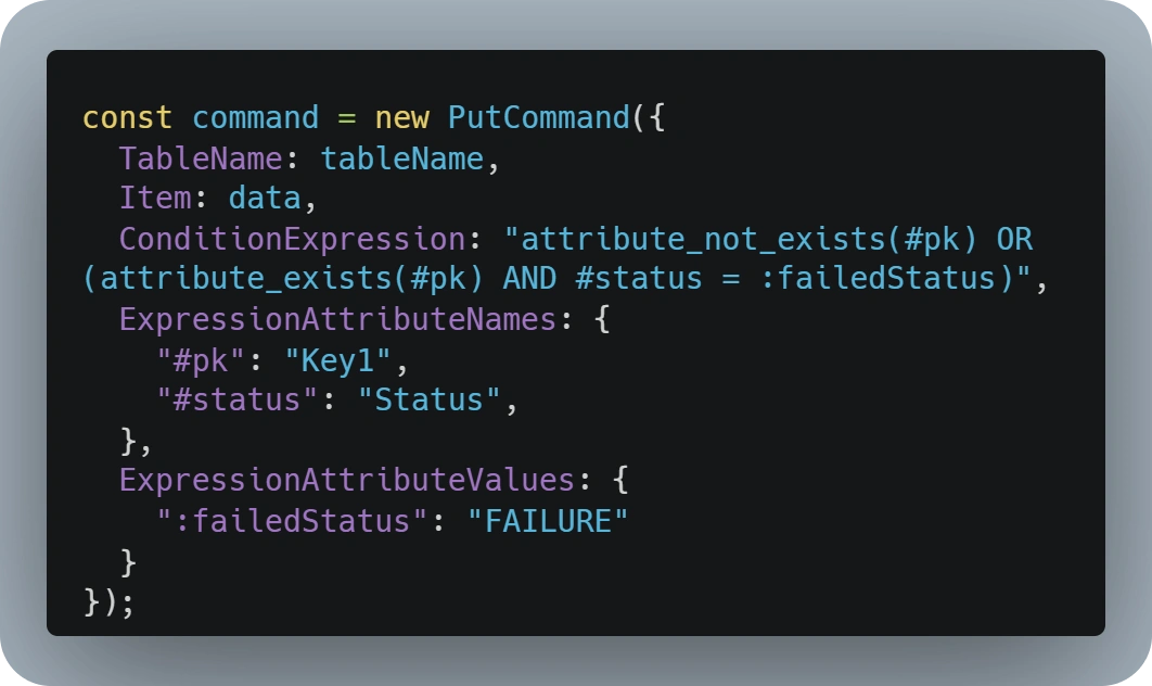 Sample DynamoDB PutCommand used as Idempotency Check
