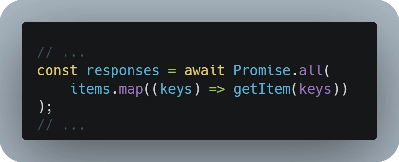 Sample JS Promise.all and map function showcasing a bad implementation of batch item retrieval in parallel