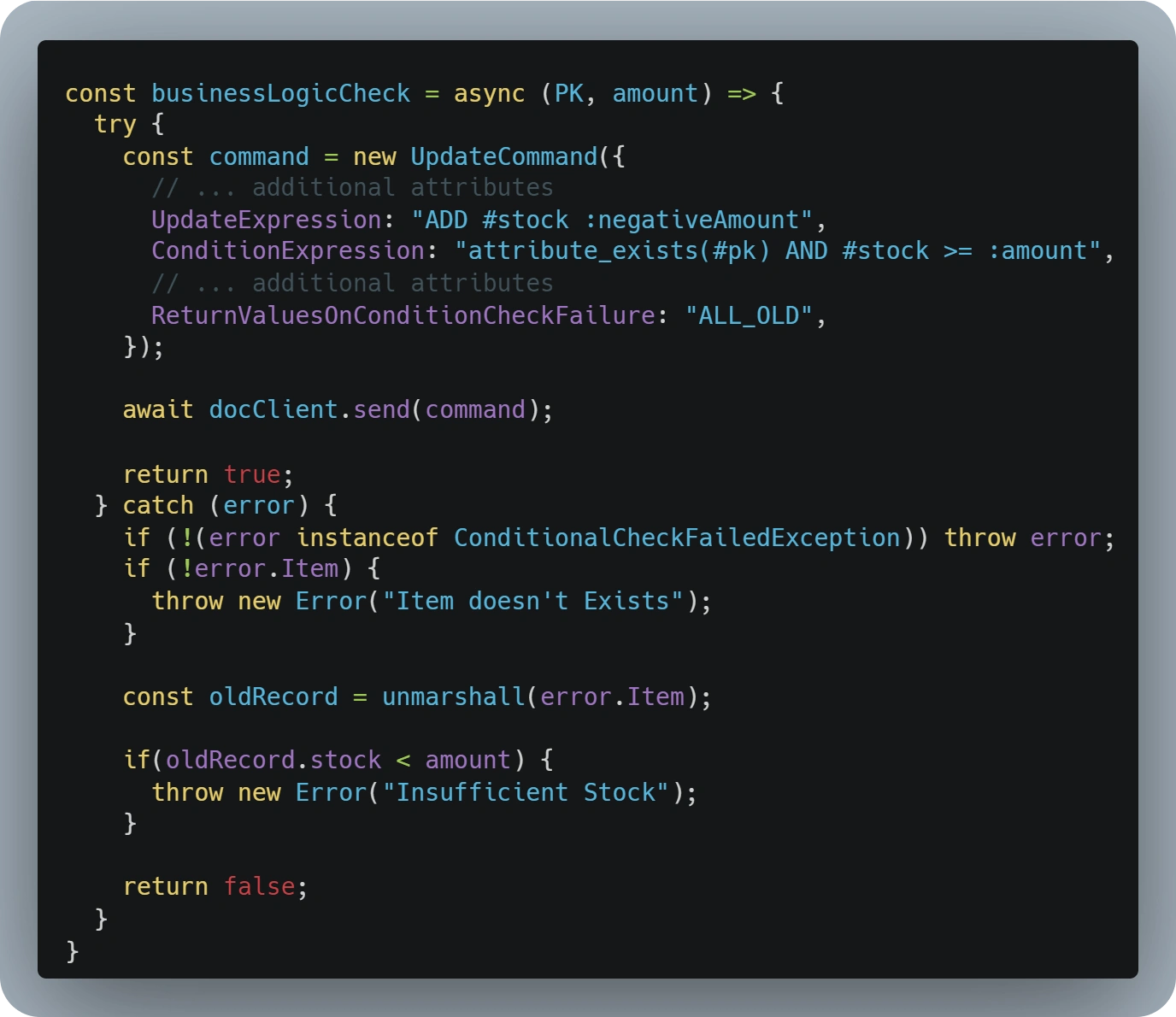 Sample function showcasing the correct way to implement the business logic conditions into a single DynamoDB request and taking advantage of ConditionalCheckFailedExceptions