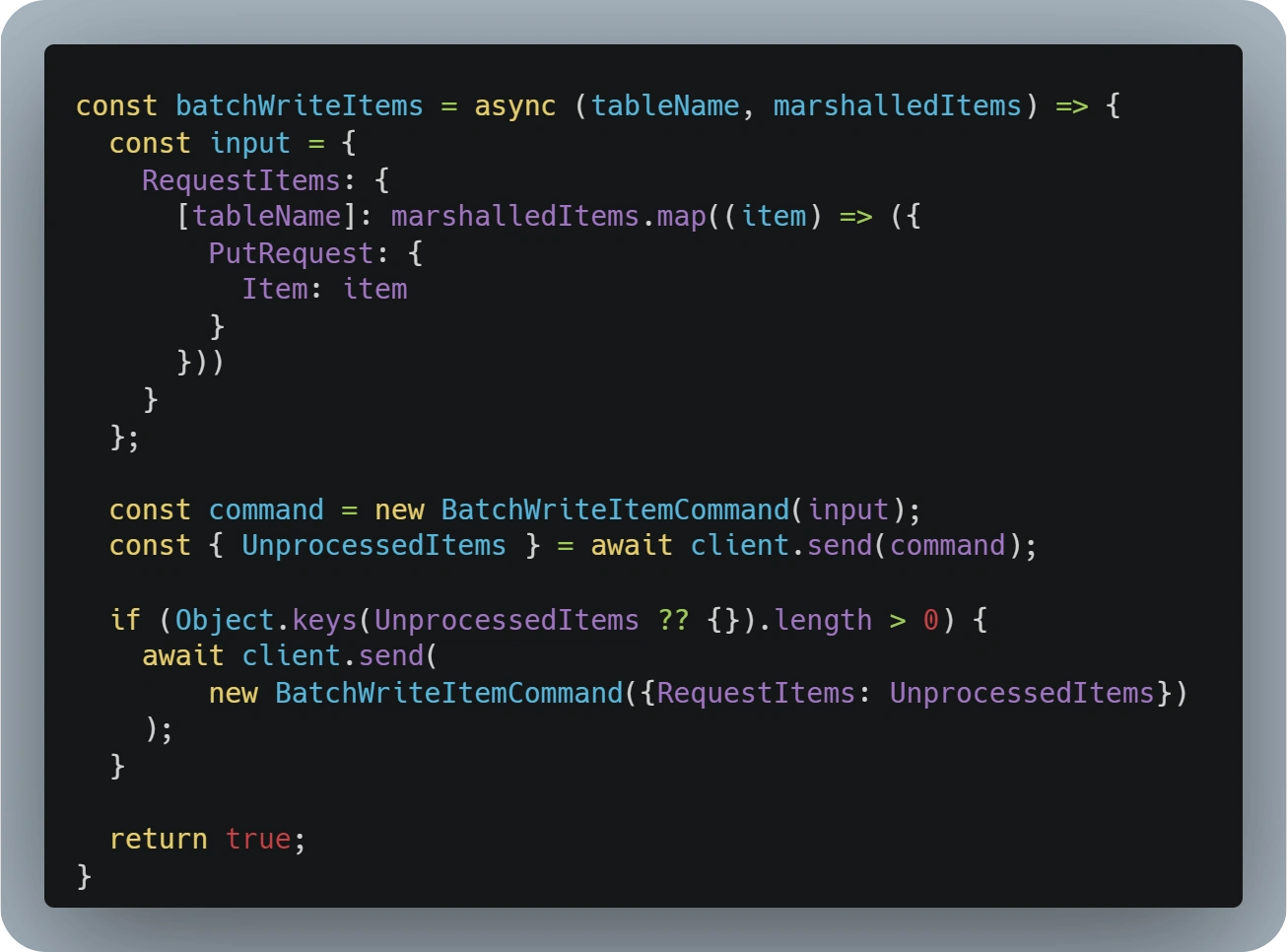 Sample function showcasing how to implement the retry of UnprocessedItems returned by a DynamoDB Batch*ItemCommand