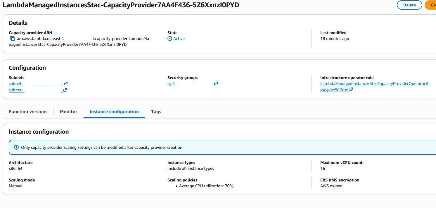 Screenshot of the AWS Lambda console showing a Capacity provider named ‘LambdaCapacityProvider0F506063’ with status Active, auto scaling enabled, and configuration details including subnet IDs, security group ID, and maximum vCPU count set to 16.