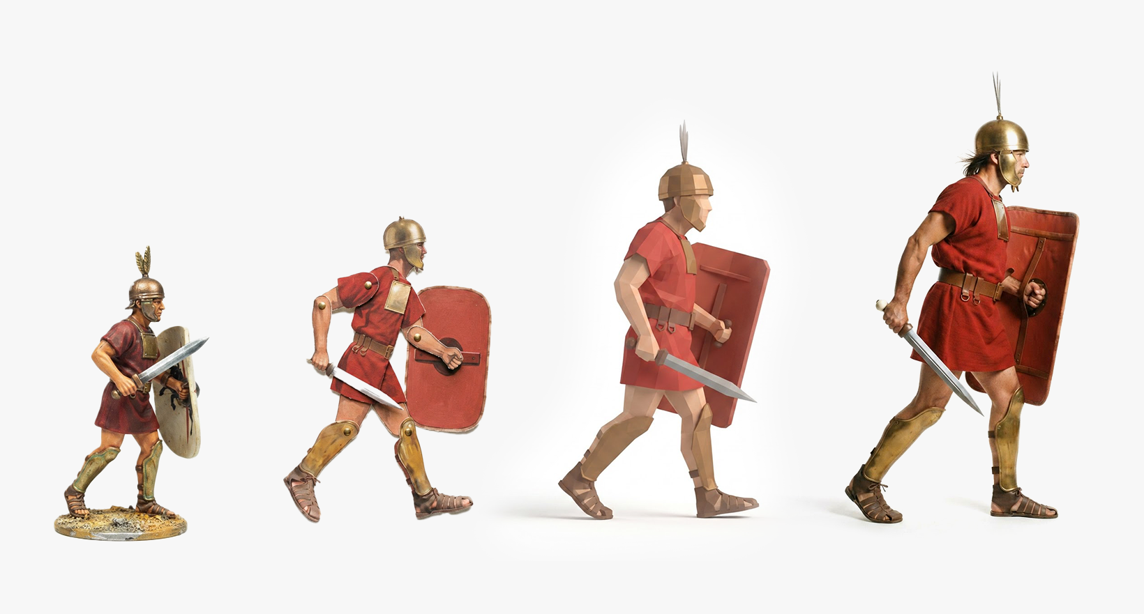 Évolution d'un soldat romain à travers 4 techniques : figurine peinte, papier découpé, animation 3D, génération vidéo IA