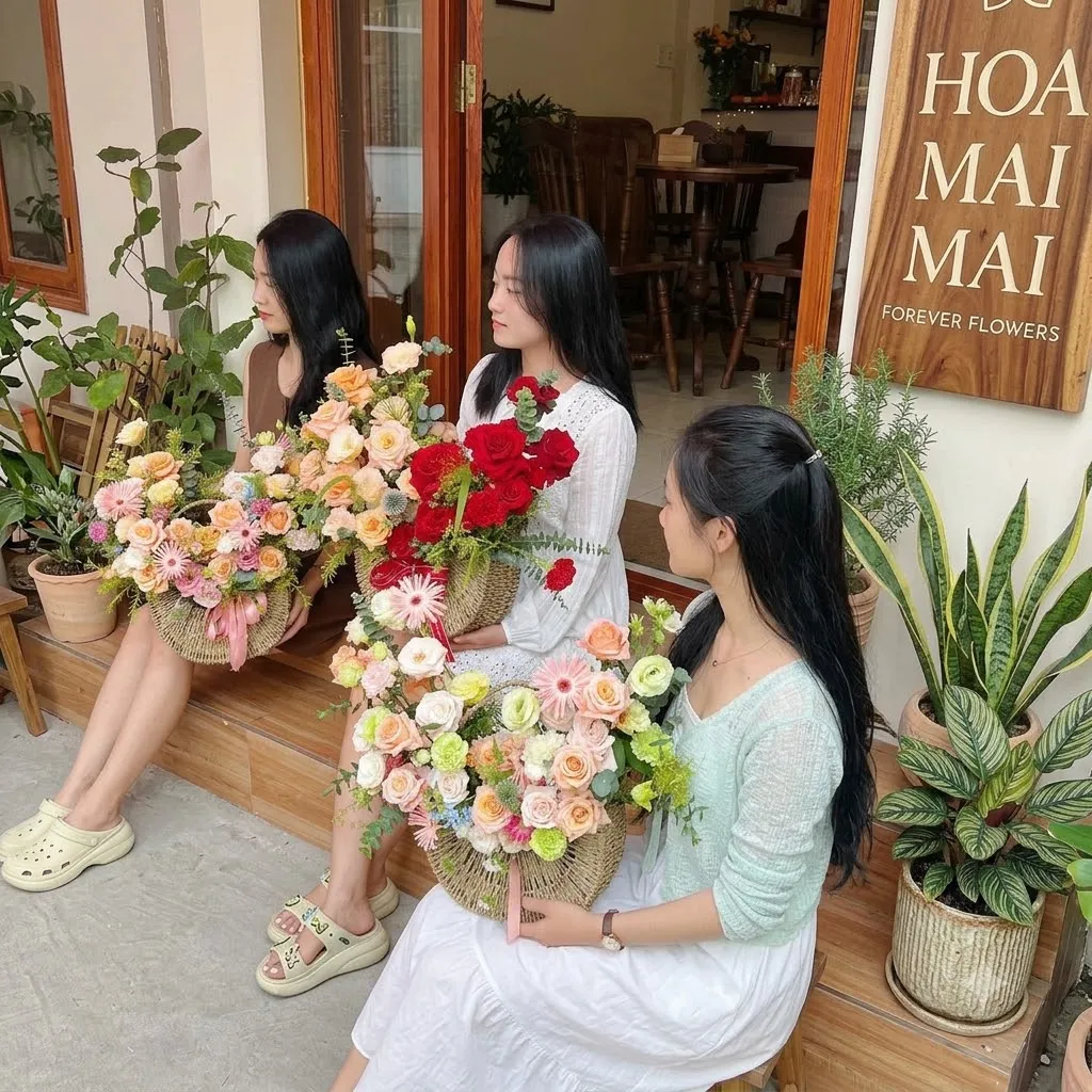 Bậc thềm tiệm hoa với giỏ hoa tươi tại Bắc Kạn