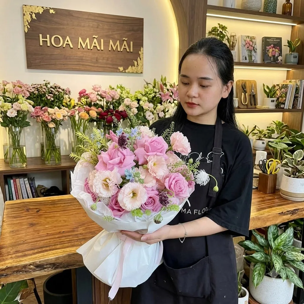 Bó hoa hồng phối cát tường pastel tại Huyện Ba Bể, Bắc Kạn