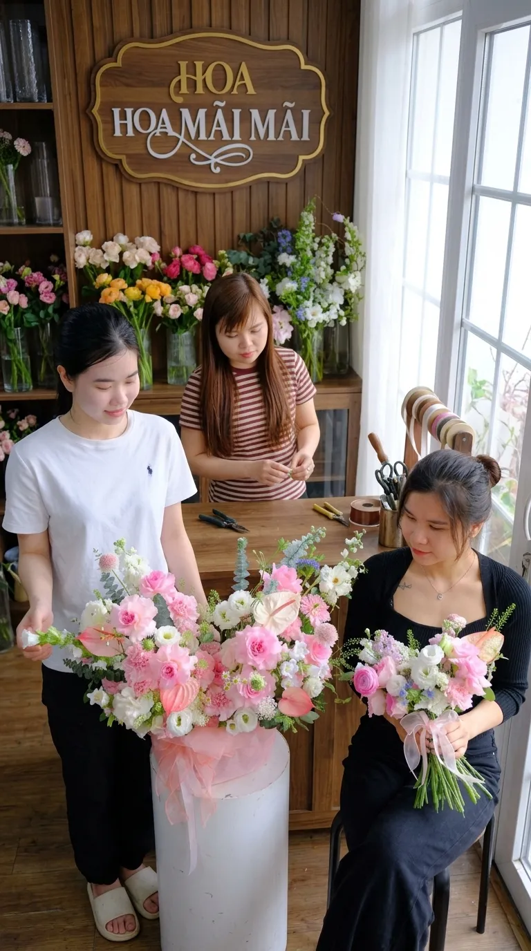 Thợ hoa làm việc tại quầy tiệm hoa tại Đường Tân Kỳ Tân Quý, Hồ Chí Minh