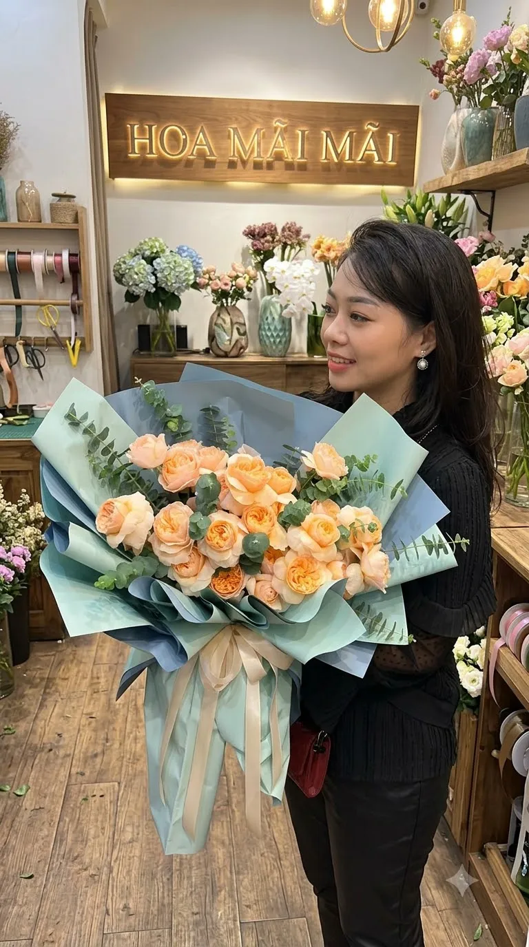 Bó hoa hồng cam đào gói xanh xám tại Thái Bình
