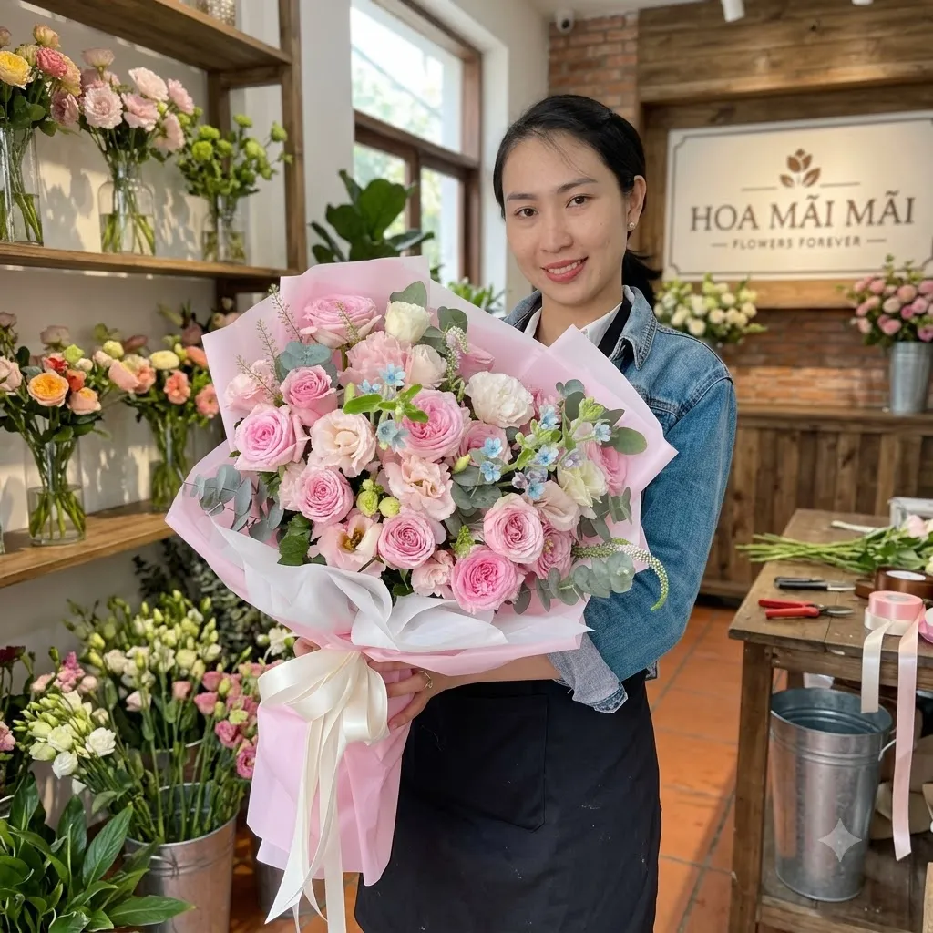 Bó hoa hồng pastel thắt nơ trắng tại Chiêm Hóa, Tuyên Quang