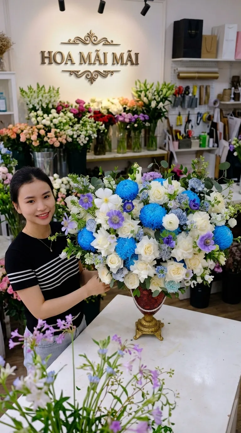 Nhân viên bên bình hoa xanh trắng tại Huyện Ba Bể, Bắc Kạn