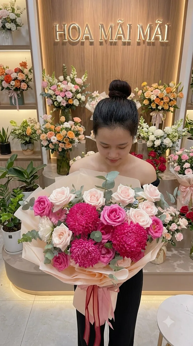 Bó hoa hồng kem phối cúc hồng sen tại Bình Phước