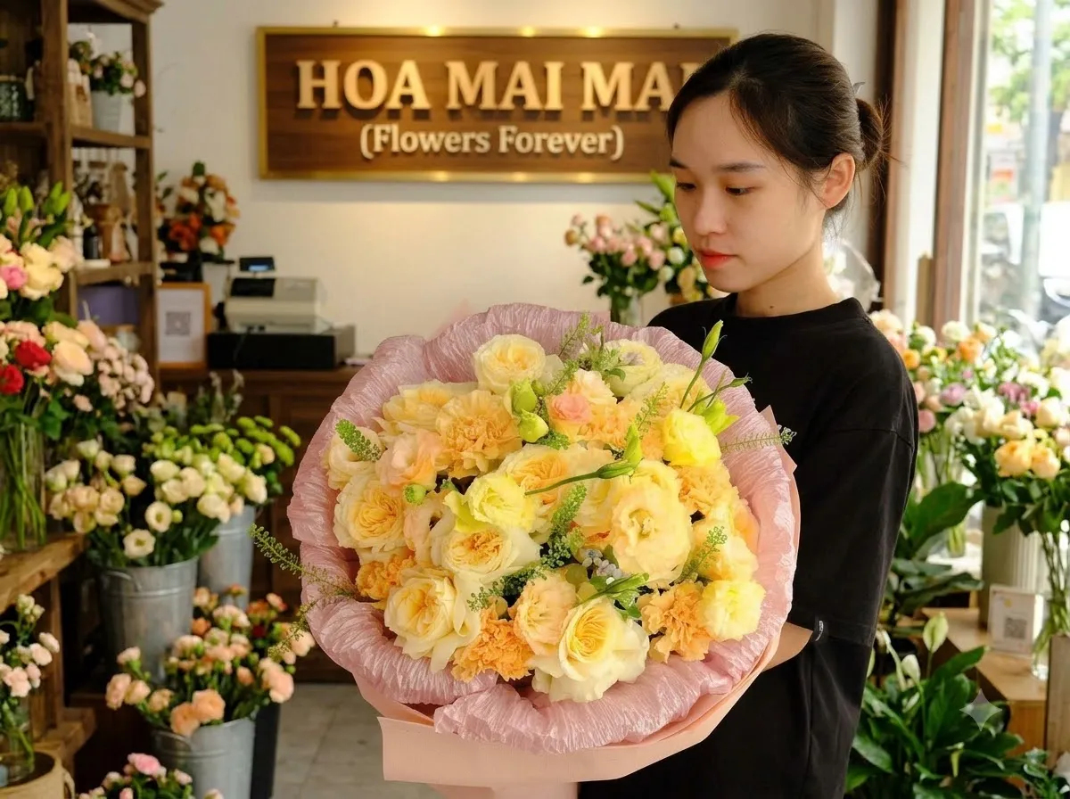 Bó hoa hồng vàng kem bo tròn tại Thị Xã Đức Phổ, Quảng Ngãi