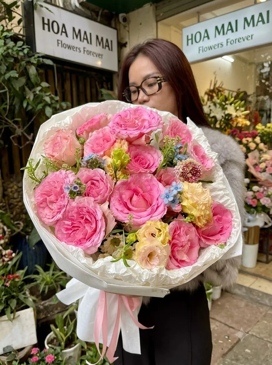 Bó hoa hồng phấn điểm hoa xanh tại Thanh Chương, Nghệ An