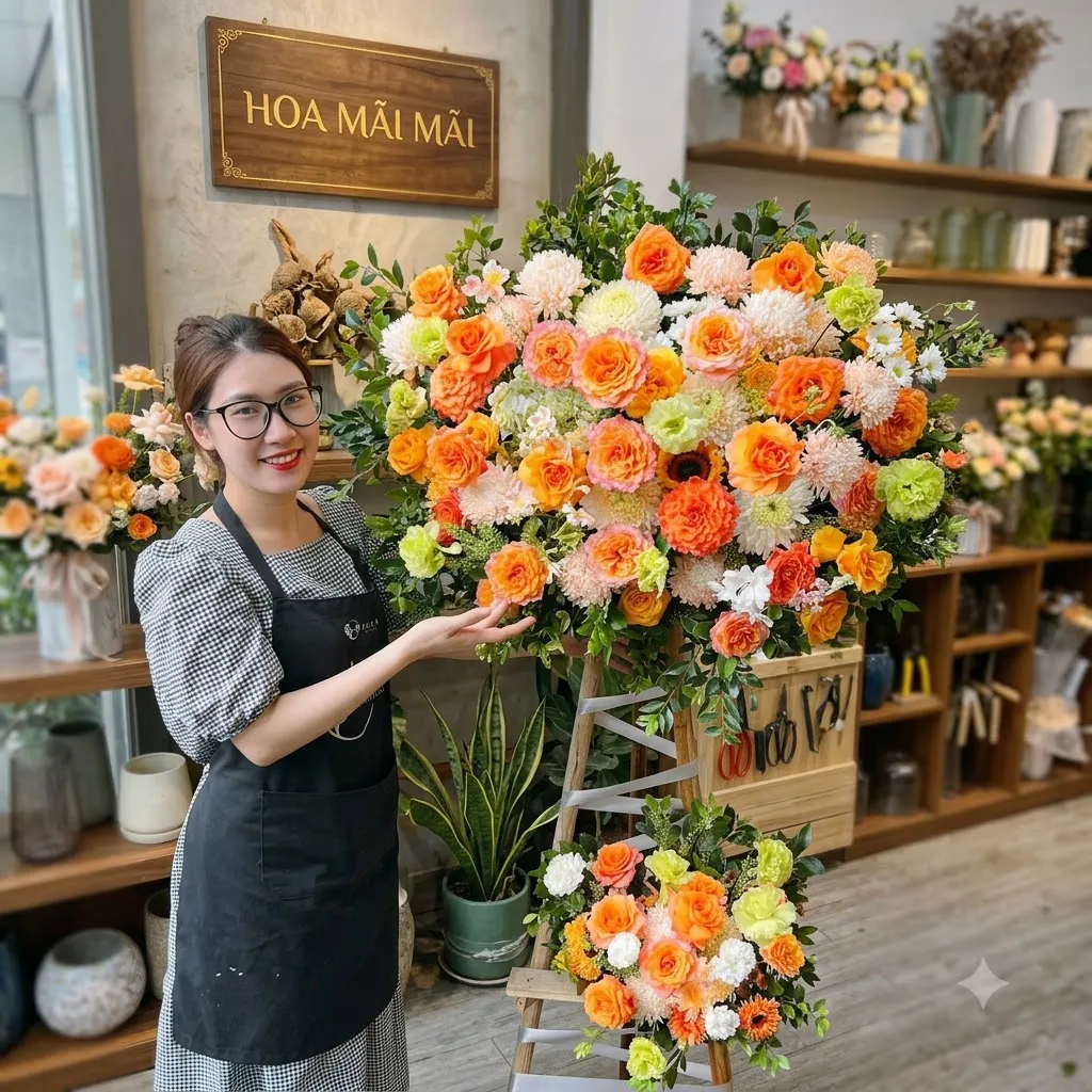 Kệ hoa chúc mừng tông cam trắng tại Bảo Lộc, Lâm Đồng