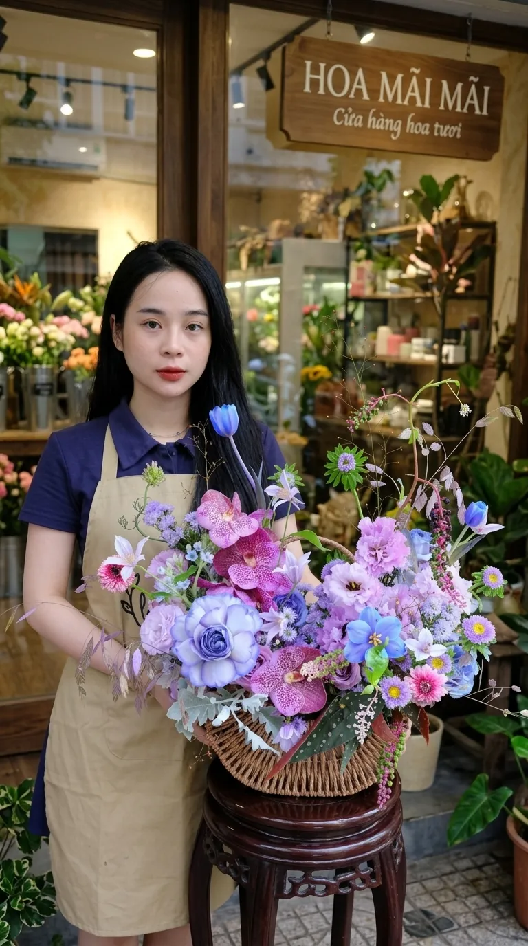 Giỏ hoa lan vanda tím phối xanh tại Bắc Kạn