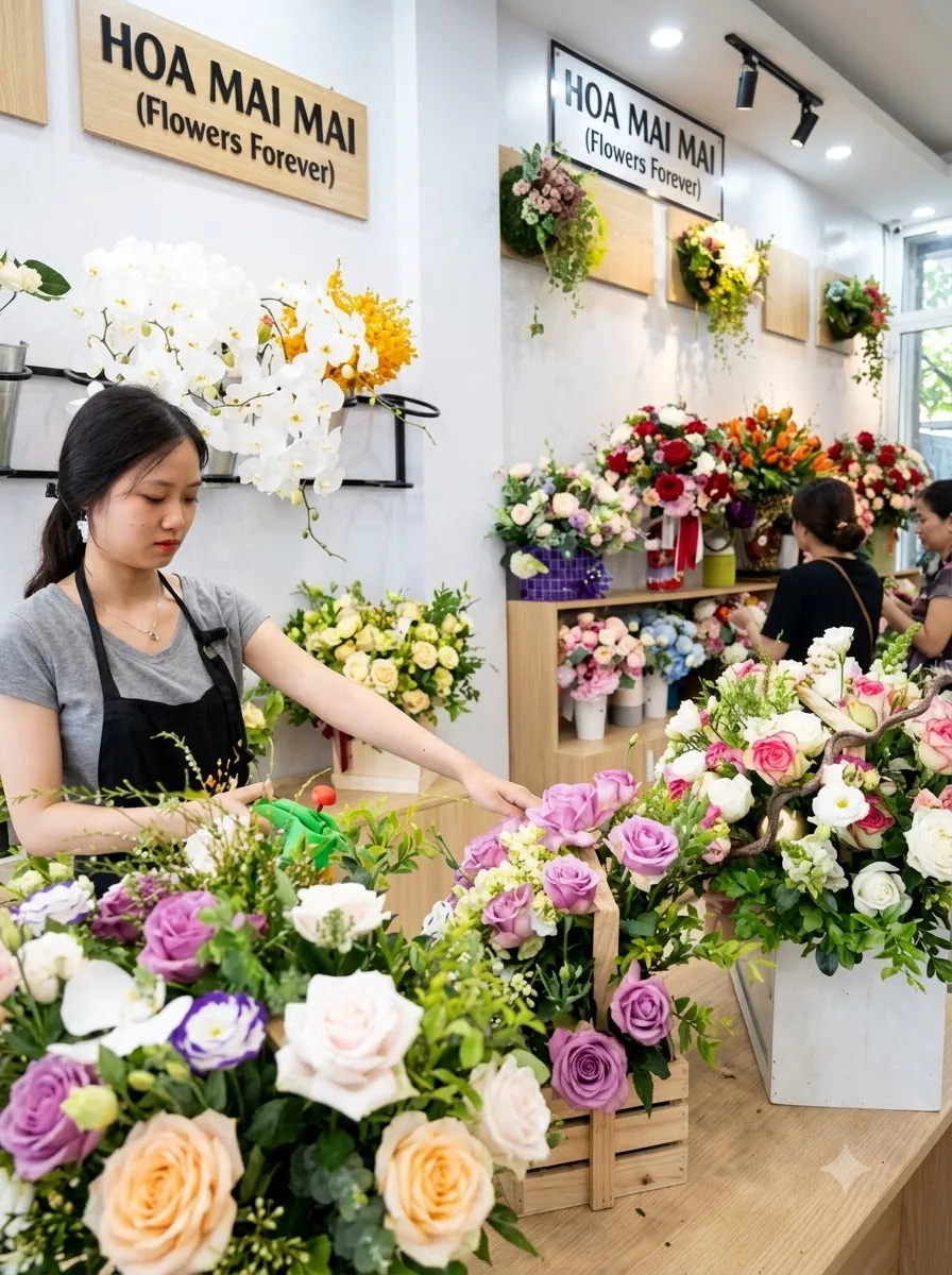 Góc tiệm hoa với lan hồ điệp trắng tại Tây Sơn, Bình Định