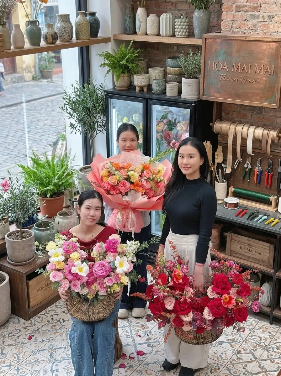Nhân viên ôm hoa bên tủ mát tại Minh Long, Quảng Ngãi