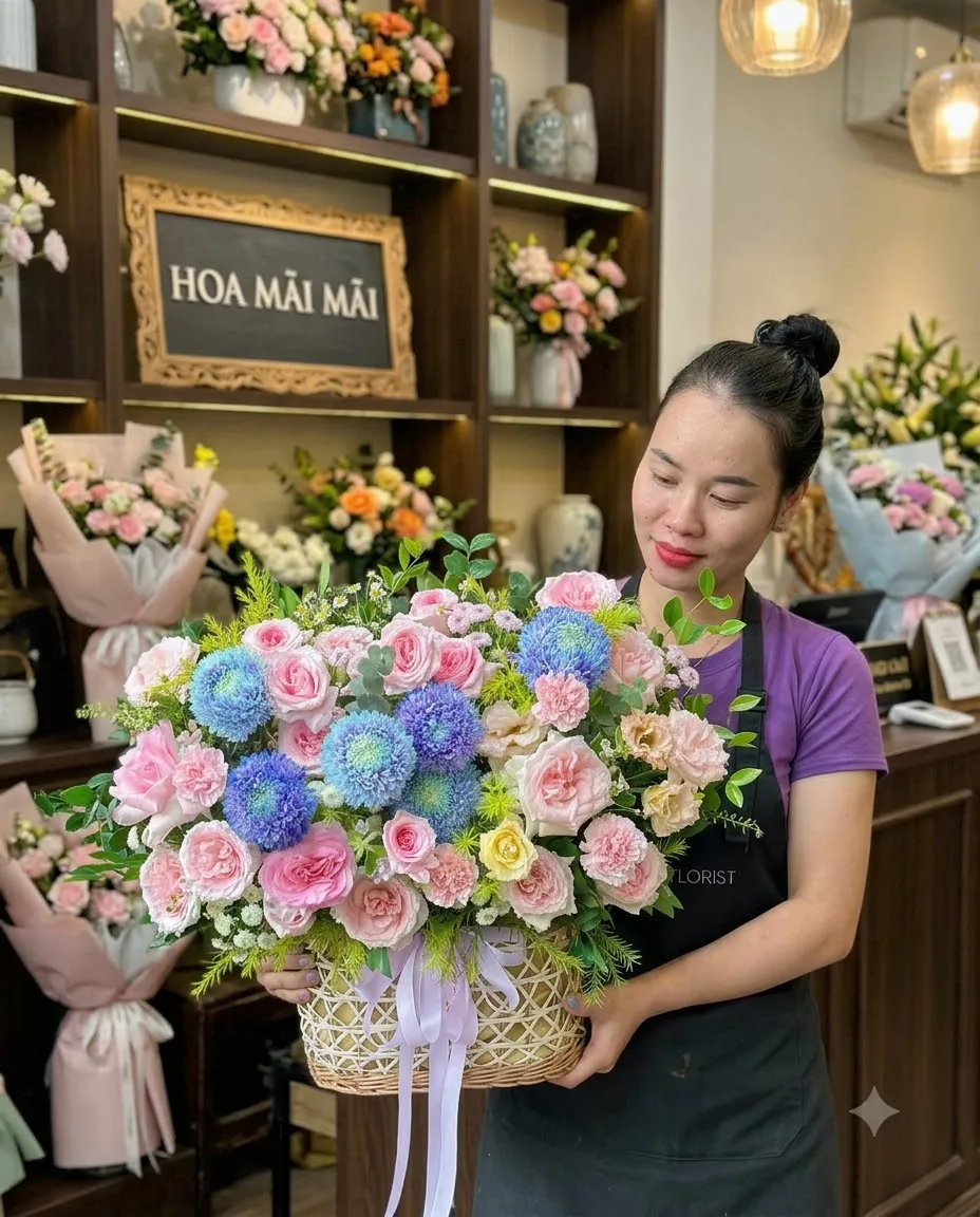 Giỏ hoa cẩm chướng hồng phối cúc xanh tại Chiêm Hóa, Tuyên Quang