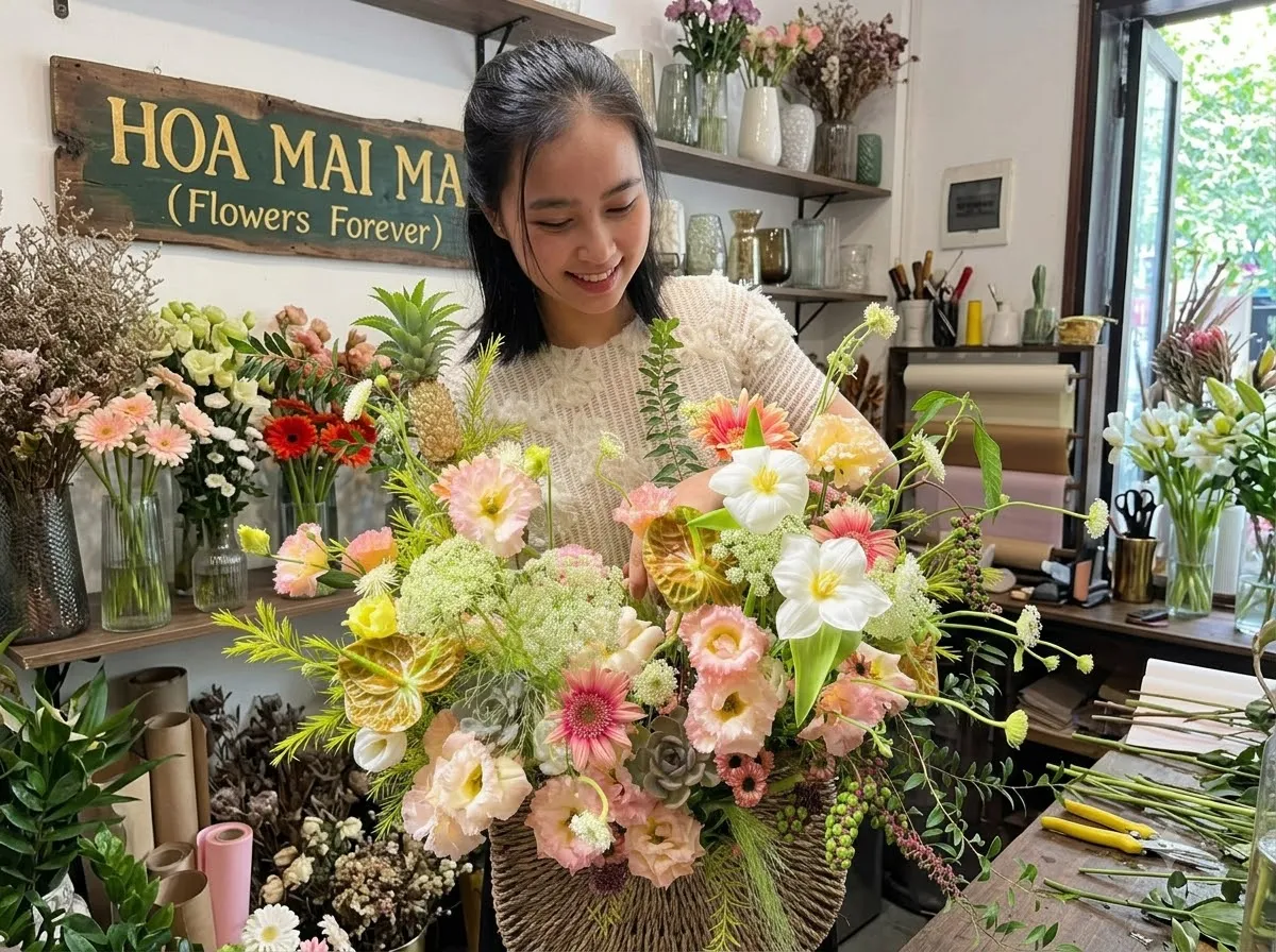 Giỏ hoa tông kem hồng sang trọng tại Lệ Thủy, Quảng Bình