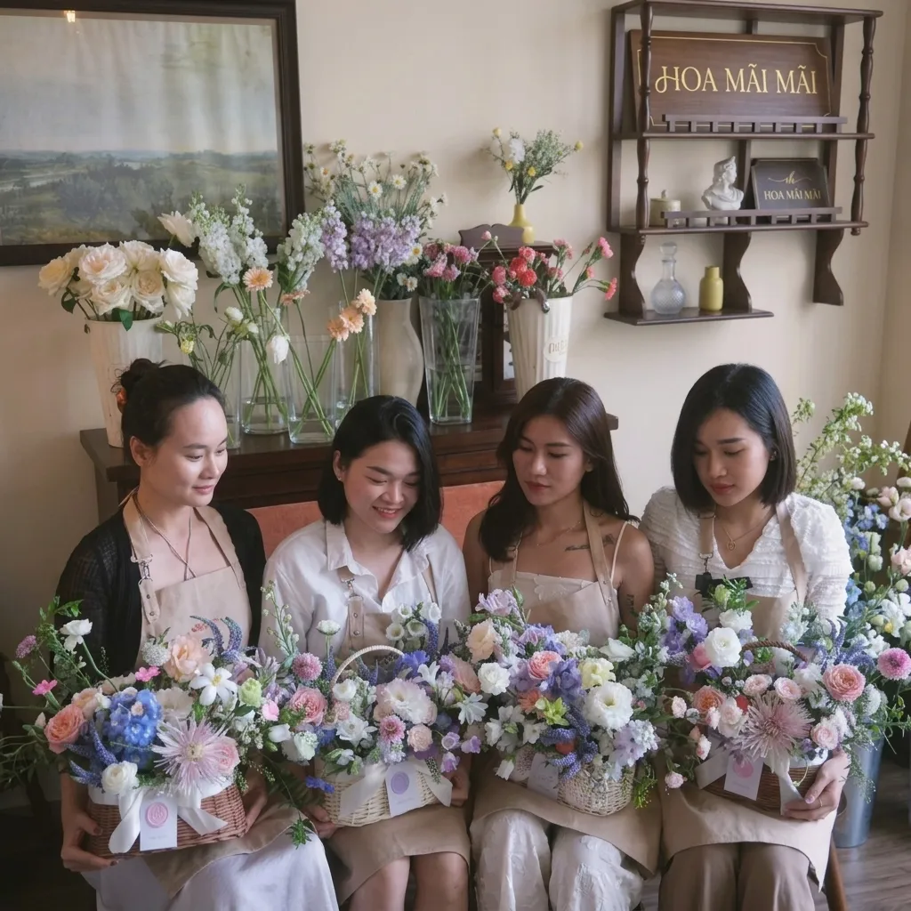 Đội ngũ thợ hoa cùng giỏ hoa pastel tại Minh Long, Quảng Ngãi