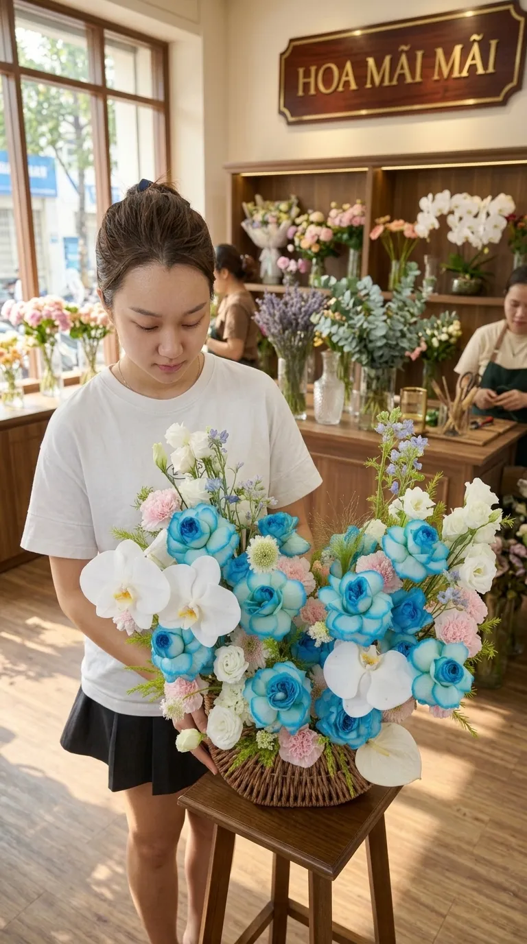 Giỏ hoa xanh dương phối lan trắng tại Bắc Kạn