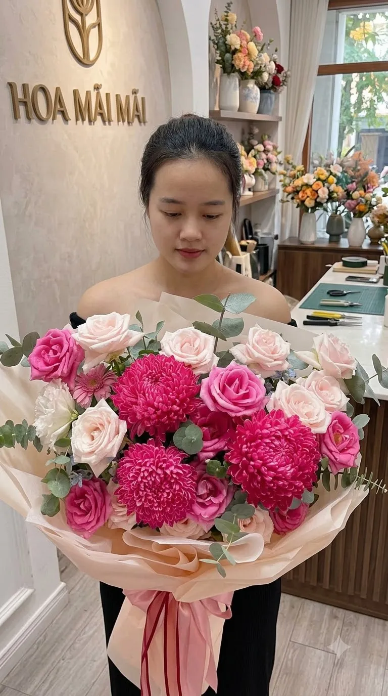 Bó hoa cúc mẫu đơn hồng sen tại Bắc Yên, Sơn La