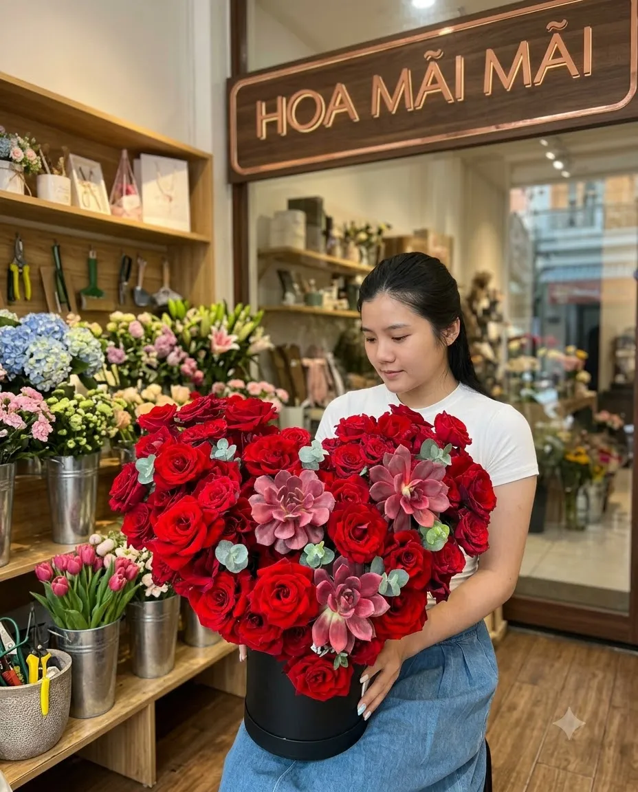 Hộp hoa hồng đỏ phối thược dược tại Nam Giang, Quảng Nam