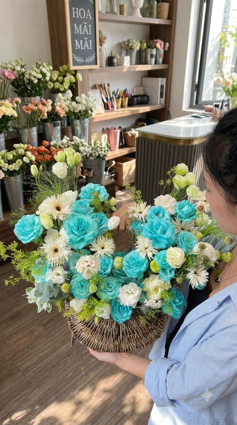 Giỏ hoa tông xanh ngọc và trắng tại Huyện Ba Tri, Bến Tre