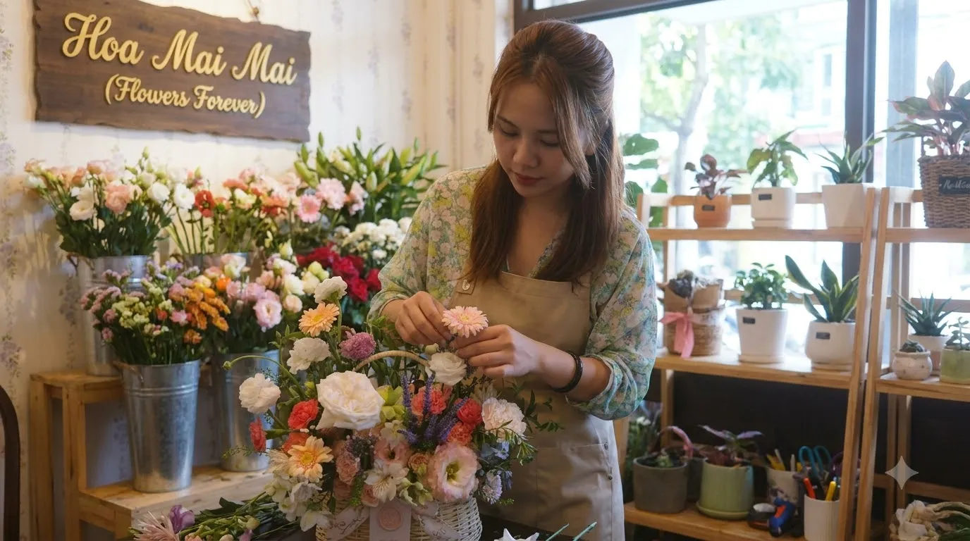 Nhân viên cắm giỏ hoa tươi nhiều màu tại Quận Hà Đông, Hà Nội